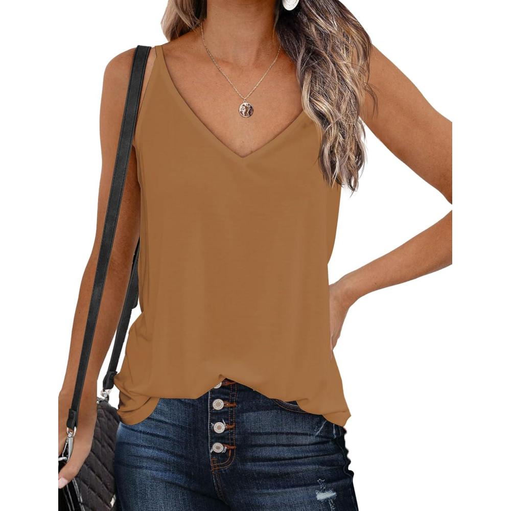 imageZeagoo Womens V Neck Camisole Tank Top Strap Sleeveless T Shirt Casual Loose Vest Blouse SXXLLight Brown