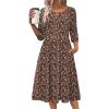 Zeagoo 3/4 Sleeve Women’s Dress Casual Flowy A-Line Midi Tshirt Dresses with Pockets Crewneck Vocation Boho Beach Sundress(Coffee Print)