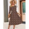 Zeagoo 3/4 Sleeve Women’s Dress Casual Flowy A-Line Midi Tshirt Dresses with Pockets Crewneck Vocation Boho Beach Sundress(Coffee Print)