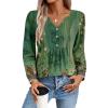 Zeagoo Long Sleeve Shirts for Women 2025 Casual Pleated V Neck Fall Tunic Tops Button Down Blouse Dressy Loose T-Shirts(02-green Ethnic Print)