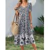 Zeagoo Summer Dress for Women Casual Floral Midi Sundress with Pockets V Neck Pleated Short Sleeve Aline Beach Vacation Dress(Black Floral)