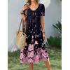 Zeagoo Summer Dress for Women Casual Floral Midi Sundress with Pockets V Neck Pleated Short Sleeve Aline Beach Vacation Dress(Black Pink Floral)