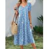 Zeagoo Summer Dress for Women Casual Floral Midi Sundress with Pockets V Neck Pleated Short Sleeve Aline Beach Vacation Dress(Blue Floral)