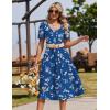 Zeagoo Summer Dress for Women Casual Floral Midi Sundress with Pockets V Neck Pleated Short Sleeve Aline Beach Vacation Dress(Blue Floral-1)