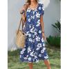 Zeagoo Summer Dress for Women Casual Floral Midi Sundress with Pockets V Neck Pleated Short Sleeve Aline Beach Vacation Dress(Blue White Floral)