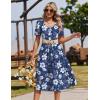 Zeagoo Summer Dress for Women Casual Floral Midi Sundress with Pockets V Neck Pleated Short Sleeve Aline Beach Vacation Dress(Blue White Floral)