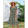Zeagoo Summer Dress for Women Casual Floral Midi Sundress with Pockets V Neck Pleated Short Sleeve Aline Beach Vacation Dress(Green Floral)