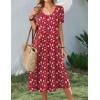Zeagoo Summer Dress for Women Casual Floral Midi Sundress with Pockets V Neck Pleated Short Sleeve Aline Beach Vacation Dress(Red Floral)