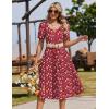 Zeagoo Summer Dress for Women Casual Floral Midi Sundress with Pockets V Neck Pleated Short Sleeve Aline Beach Vacation Dress(Red Floral)