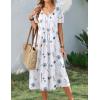 Zeagoo Summer Dress for Women Casual Floral Midi Sundress with Pockets V Neck Pleated Short Sleeve Aline Beach Vacation Dress(White Floral)
