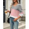 Zeagoo Womens 2026 Fall Sweaters Casual Long Sleeve Ribbed Knit Pullover V Neck Lightweight Crochet Pullover Sweater Top(Colorblock 457)