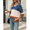 Zeagoo Womens 2026 Fall Sweaters Casual Long Sleeve Ribbed Knit Pullover V Neck Lightweight Crochet Pullover Sweater Top(Colorblock 458)