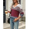 Zeagoo Womens 2026 Fall Sweaters Casual Long Sleeve Ribbed Knit Pullover V Neck Lightweight Crochet Pullover Sweater Top(Colorblock 562)