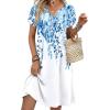 Zeagoo Women’s Casual Dresses with Pockets Summer Floral V-Neck A-Line Tshirt Dress Short Sleeve Mini Dress Beach Sundress(White-blue Flower)