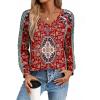 Zeagoo Womens Long Sleeve Tops V Neck Pleated Shirts Dressy Casual Blouses Fall Fashion Tunic Clothes 2026 T-Shirts(Red Floral)