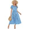 Zeagoo Womens Maxi Dresses Summer Bohemian Floral Short Sleeve Long Dress Casual Flowy Tired Beach Sundress(Blue Floral)