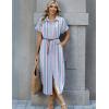 Zeagoo Womens Summer Casual Short Sleeve Button Down Long Shirt Dresses Loose Swimsuit Beach Cover Ups with Pockets(Pink&blue)