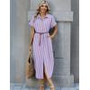 Zeagoo Womens Summer Casual Short Sleeve Button Down Long Shirt Dresses Loose Swimsuit Beach Cover Ups with Pockets(Purple Stripe)