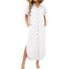 Zeagoo Womens Summer Casual Short Sleeve Button Down Long Shirt Dresses Loose Swimsuit Beach Cover Ups with Pockets(White)