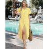 Zeagoo Womens Summer Casual Short Sleeve Button Down Long Shirt Dresses Loose Swimsuit Beach Cover Ups with Pockets(Yellow Stripe)