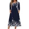 Zeagoo 3/4 Sleeve Women’s Dress Casual Flowy A-Line Midi Tshirt Dresses with Pockets Crewneck Vocation Boho Beach Sundress(Navy Blue Floral)