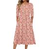 Zeagoo 3/4 Sleeve Women’s Dress Casual Flowy A-Line Midi Tshirt Dresses with Pockets Crewneck Vocation Boho Beach Sundress(Pink Floral)