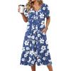 Zeagoo Summer Dress for Women Casual Floral Midi Sundress with Pockets V Neck Pleated Short Sleeve Aline Beach Vacation Dress(Blue White Floral)