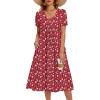 Zeagoo Summer Dress for Women Casual Floral Midi Sundress with Pockets V Neck Pleated Short Sleeve Aline Beach Vacation Dress(Red Floral)