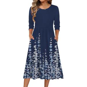 Zeagoo 3/4 Sleeve Women’s Dress Casual Flowy A-Line Midi Tshirt Dresses with Pockets Crewneck Vocation Boho Beach Sundress(Blue Flower)