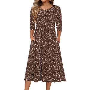 Zeagoo 3/4 Sleeve Women’s Dress Casual Flowy A-Line Midi Tshirt Dresses with Pockets Crewneck Vocation Boho Beach Sundress(Coffee Print)