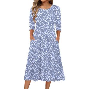 Zeagoo 3/4 Sleeve Women’s Dress Casual Flowy A-Line Midi Tshirt Dresses with Pockets Crewneck Vocation Boho Beach Sundress(Jh529)