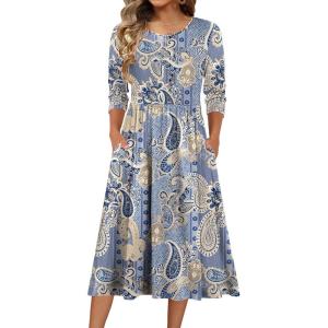 Zeagoo 3/4 Sleeve Women’s Dress Casual Flowy A-Line Midi Tshirt Dresses with Pockets Crewneck Vocation Boho Beach Sundress(Mz919)