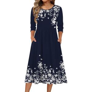 Zeagoo 3/4 Sleeve Women’s Dress Casual Flowy A-Line Midi Tshirt Dresses with Pockets Crewneck Vocation Boho Beach Sundress(Navy Blue Floral)