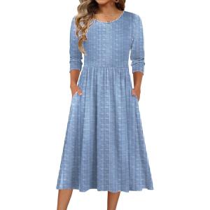 Zeagoo 3/4 Sleeve Women’s Dress Casual Flowy A-Line Midi Tshirt Dresses with Pockets Crewneck Vocation Boho Beach Sundress(Stripe Print)