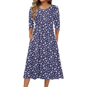 Zeagoo 3/4 Sleeve Women’s Dress Casual Flowy A-Line Midi Tshirt Dresses with Pockets Crewneck Vocation Boho Beach Sundress(Xh445)