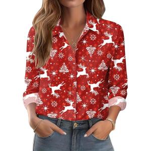 Zeagoo Button Down Shirts for Women Dressy Floral Printed Long Sleeve Blouse Business Casual Work Tops(Christmas Red)