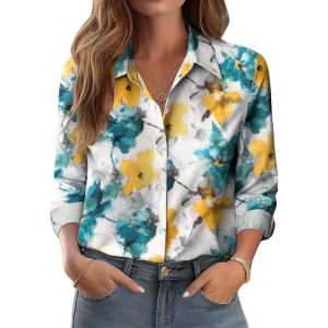 Zeagoo Button Down Shirts for Women Dressy Floral Printed Long Sleeve Blouse Business Casual Work Tops(Dh637)