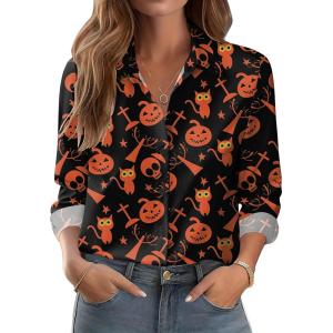 Zeagoo Button Down Shirts for Women Dressy Floral Printed Long Sleeve Blouse Business Casual Work Tops(Halloween Orange)