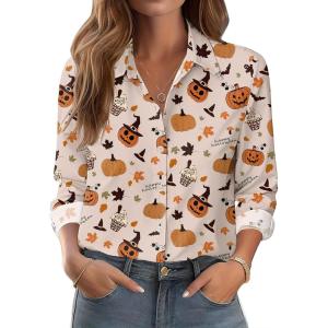 Zeagoo Button Down Shirts for Women Dressy Floral Printed Long Sleeve Blouse Business Casual Work Tops(Halloween Pumpkin)