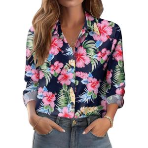 Zeagoo Button Down Shirts for Women Dressy Floral Printed Long Sleeve Blouse Business Casual Work Tops(Hf60)