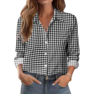 Zeagoo Button Down Shirts for Women Dressy Floral Printed Long Sleeve Blouse Business Casual Work Tops(Houndstooth)