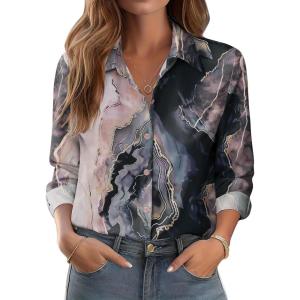Zeagoo Button Down Shirts for Women Dressy Floral Printed Long Sleeve Blouse Business Casual Work Tops(Khaki Marble Print)