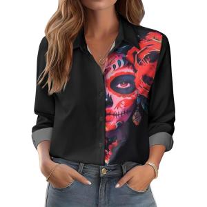 Zeagoo Button Down Shirts for Women Dressy Floral Printed Long Sleeve Blouse Business Casual Work Tops(Pattern Black)
