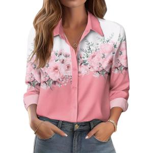 Zeagoo Button Down Shirts for Women Dressy Floral Printed Long Sleeve Blouse Business Casual Work Tops(Pink Flower)