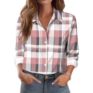 Zeagoo Button Down Shirts for Women Dressy Floral Printed Long Sleeve Blouse Business Casual Work Tops(Pink Plaid)