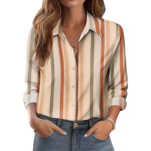 Zeagoo Button Down Shirts for Women Dressy Floral Printed Long Sleeve Blouse Business Casual Work Tops(Stripe Multicolor)