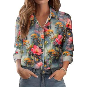 Zeagoo Button Down Shirts for Women Dressy Floral Printed Long Sleeve Blouse Business Casual Work Tops(Wf70)
