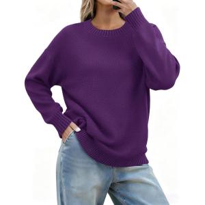 Zeagoo Fall Sweaters for Women 2026 Long Sleeve Crewneck Ribbed Knit Pullover Sweater Loose Fit Basic Jumper Tops(A Purple)