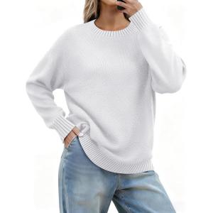 Zeagoo Fall Sweaters for Women 2026 Long Sleeve Crewneck Ribbed Knit Pullover Sweater Loose Fit Basic Jumper Tops(A White)