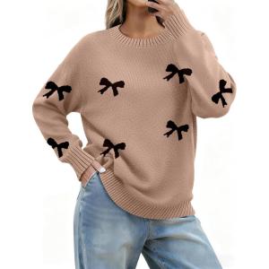 Zeagoo Fall Sweaters for Women 2026 Long Sleeve Crewneck Ribbed Knit Pullover Sweater Loose Fit Basic Jumper Tops(Aa Bow625)